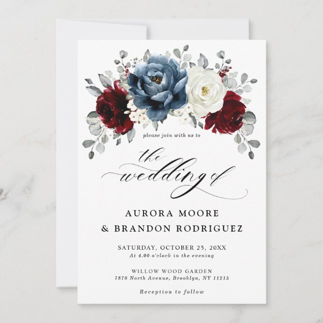Slate Blue Burgundy White Ivory Floral Wedding  Invitation (Front)