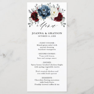 Slate Blue Burgundy White Ivory Floral Wedding  Me Menu
