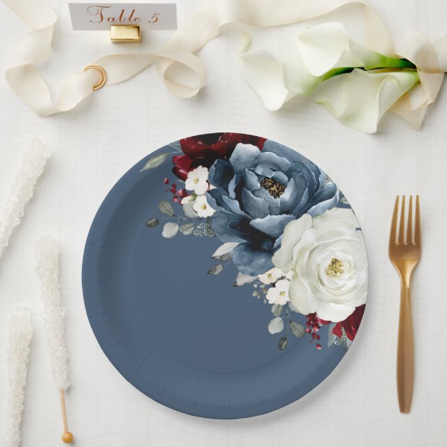Slate Blue Burgundy White Ivory Floral Wedding  Pa Paper Plate (Wedding)
