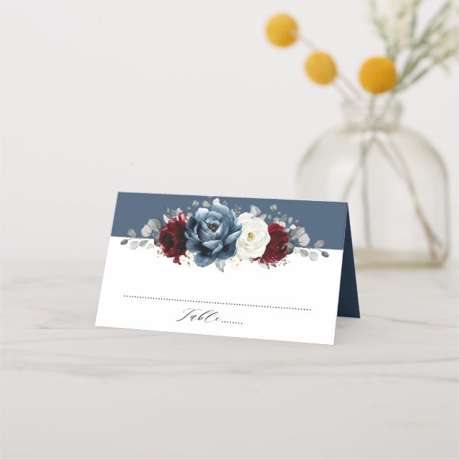 Slate Blue Burgundy White Ivory Floral Wedding  Pl Place Card (Front)