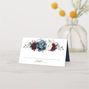 Slate Blue Burgundy White Ivory Floral Wedding  Place Card