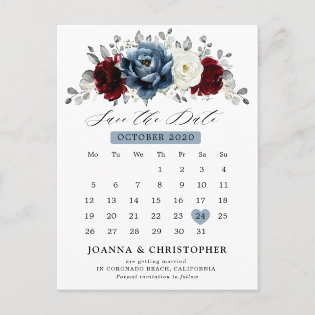 Slate Blue Burgundy White Ivory Floral Wedding  Postcard (Front)