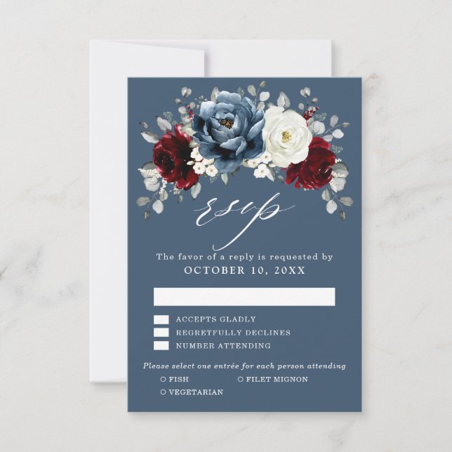 Slate Blue Burgundy White Ivory Floral Wedding  RS RSVP Card (Front)