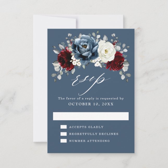Slate Blue Burgundy White Ivory Floral Wedding  RS RSVP Card (Front)