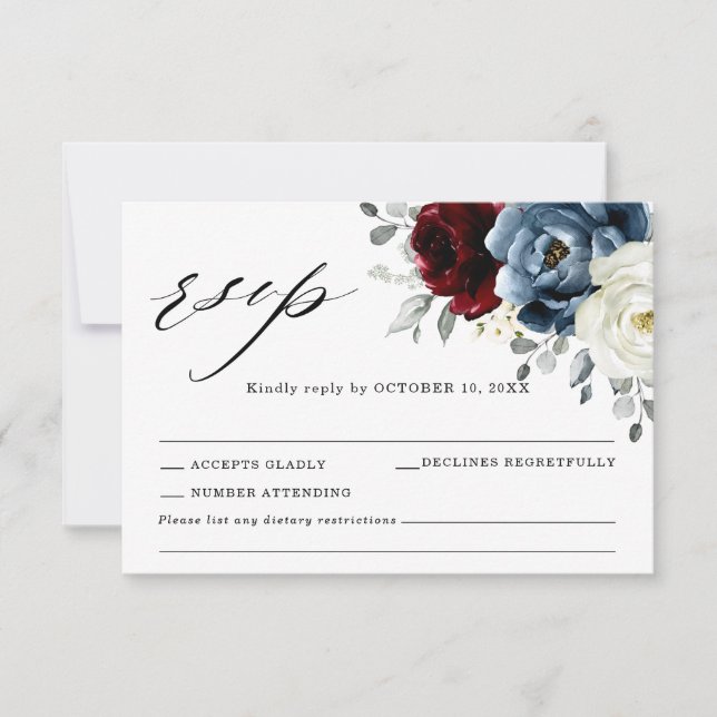 Slate Blue Burgundy White Ivory Floral Wedding RSV RSVP Card (Front)