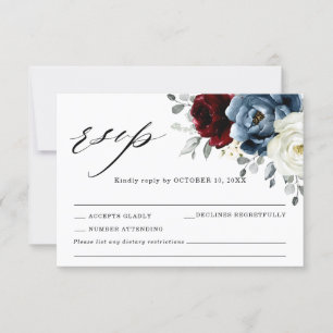 Slate Blue Burgundy White Ivory Floral Wedding RSV RSVP Card