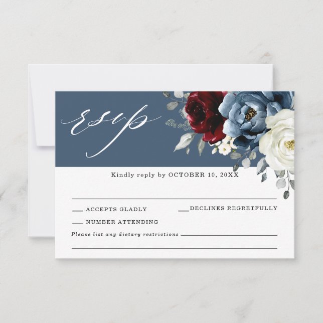Slate Blue Burgundy White Ivory Floral Wedding RSV RSVP Card (Front)