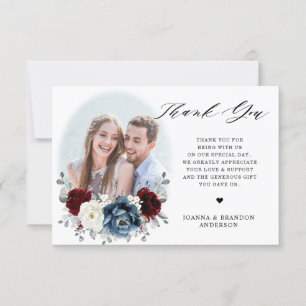 Slate Blue Burgundy White Ivory Floral Wedding  Thank You Card