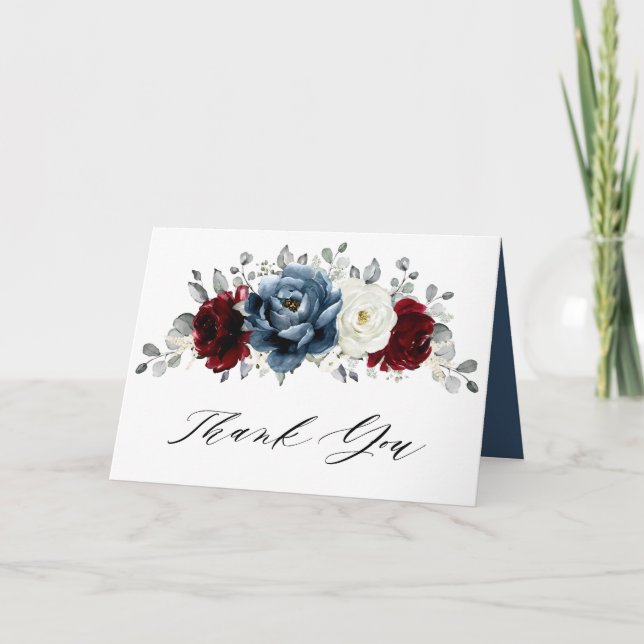 Slate Blue Burgundy White Ivory Floral Wedding  Thank You Card (Front)