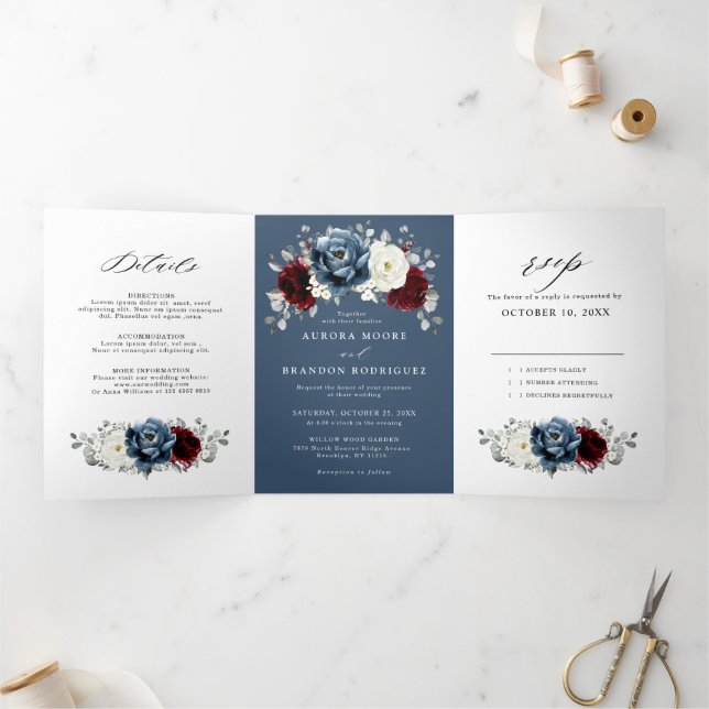 Slate Blue Burgundy White Ivory Floral Wedding  Tr Tri-Fold Announcement (Inside)