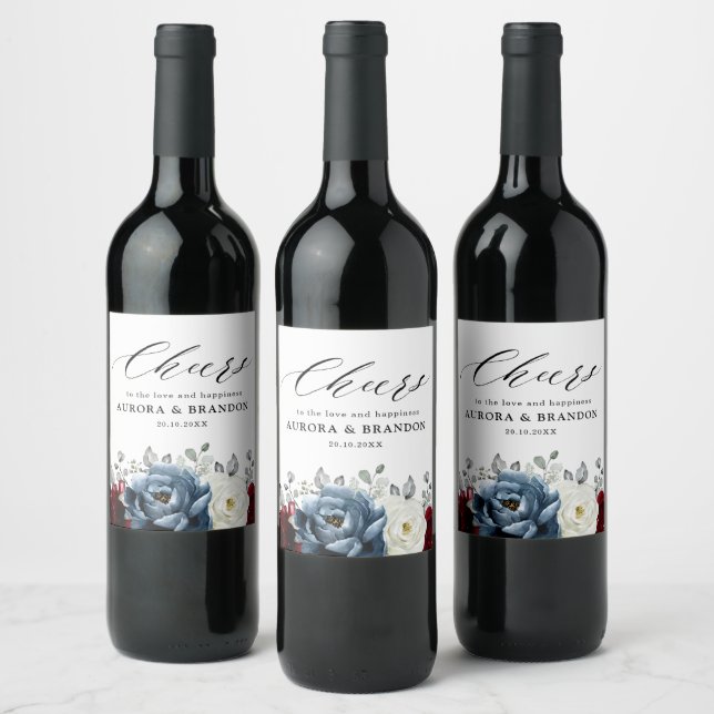 Slate Blue Burgundy White Ivory Floral Wedding  Wine Label (Bottles)