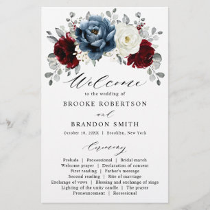 Slate Blue Burgundy White Ivory Wedding Program