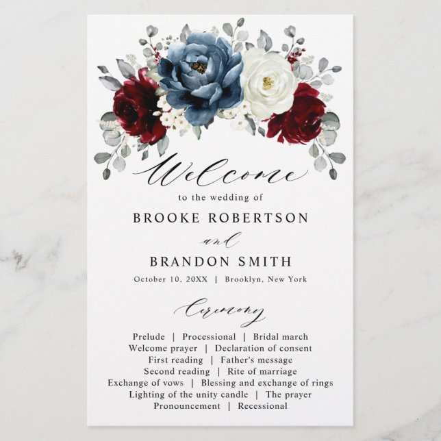 Slate Blue Burgundy White Ivory Wedding Program (Front)