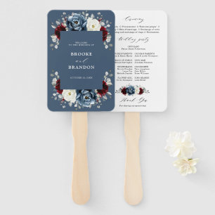 Slate Blue Burgundy White Ivory Wedding Program    Hand Fan