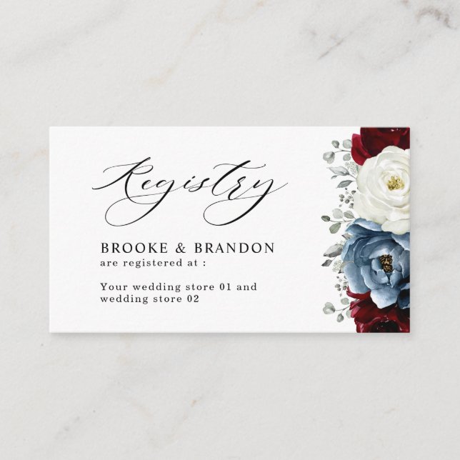 Slate Blue Burgundy White Ivory Wedding  Registry  Enclosure Card (Front)