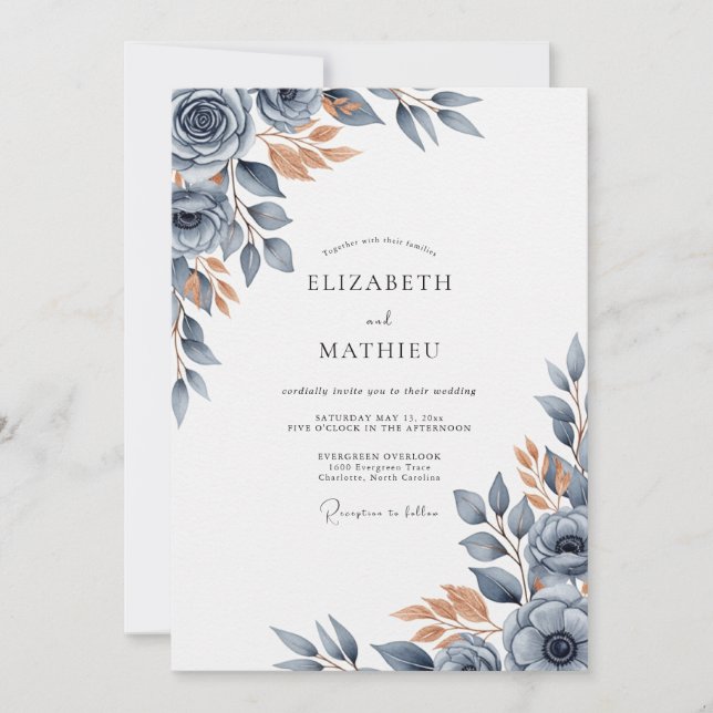 Slate Blue Burnished Autumnal Wedding Invitation (Front)