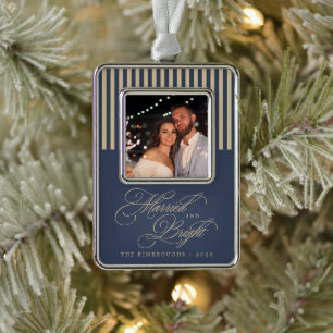 Slate Blue Champagne Newlywed Photo Silver Plated Framed Ornament