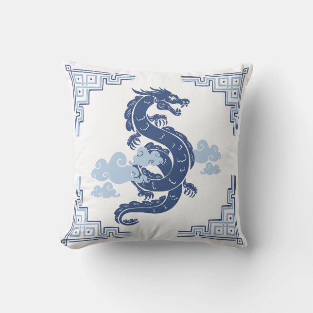 Slate Blue Chinoiserie Dragon and Clouds Cushion (Front)