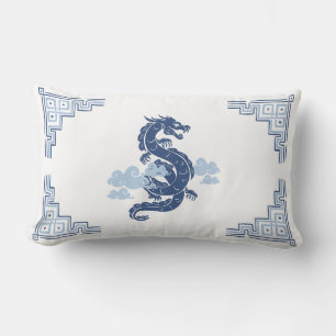 Slate Blue Chinoiserie Dragon and Clouds Lumbar Cushion