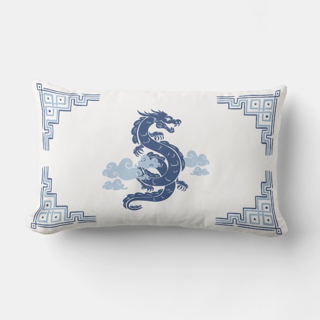 Slate Blue Chinoiserie Dragon and Clouds Lumbar Cushion (Front)