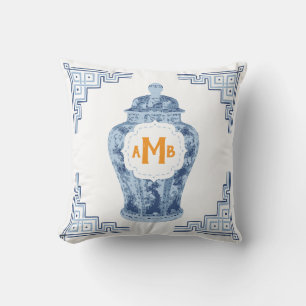 Slate Blue Chinoiserie Ginger Jar Monogram Cushion