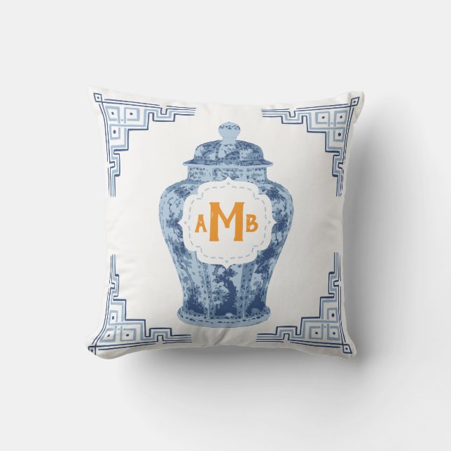 Slate Blue Chinoiserie Ginger Jar Monogram Cushion (Front)