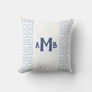 Slate Blue Chinoiserie Greek Key Stripe Monogram Cushion