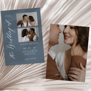 Slate Blue Classy Script Photo Collage Wedding Invitation