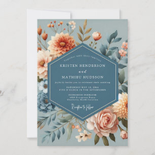 Slate Blue Coral Bloom Wedding Invitation