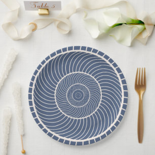 Slate blue cream spiral snail fibonacci paper plate