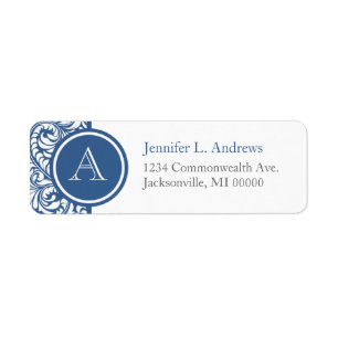 Slate Blue Damask Monogram Address Return Labels