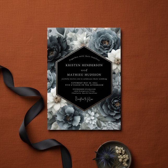 Slate Blue Dark Bloom Wedding Invitation (Creator Uploaded)