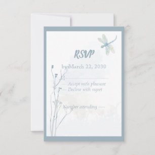 Slate Blue Dragonfly Simple Greenery Wedding RSVP Card