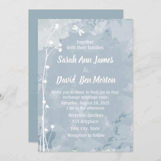 Slate Blue Dragonfly Small White Flowers Wedding Invitation (Front/Back)