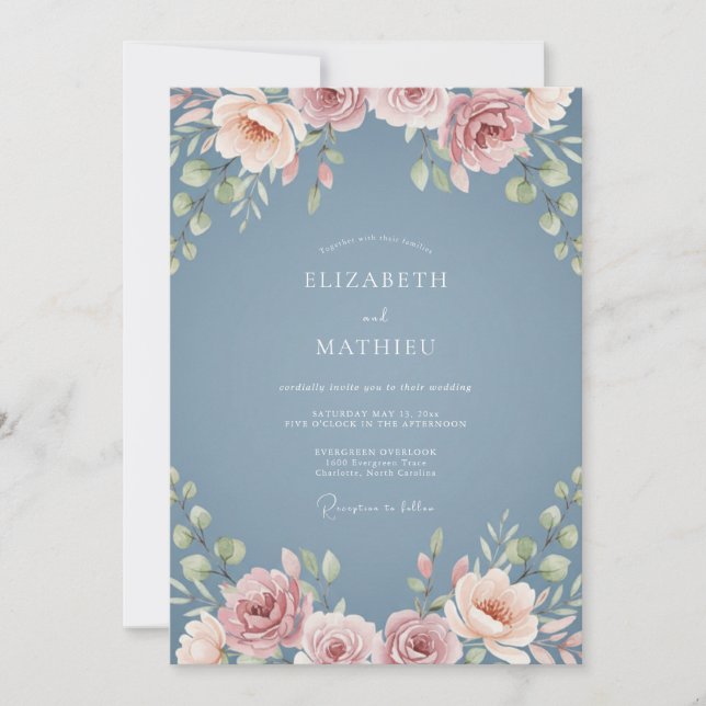 Slate Blue Dreamy Floral Wedding Invitation (Front)