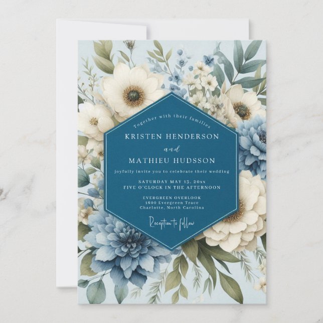 Slate Blue Elegant Anemone Wedding Invitation (Front)