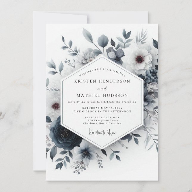 Slate Blue Ethereal Bloom Wedding Invitation (Front)