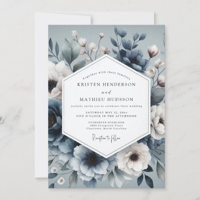 Slate Blue Ethereal Bloom Wedding Invitation (Front)