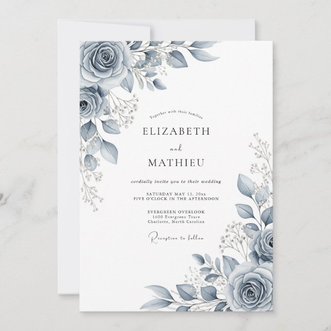 Slate Blue Ethereal Botanical Wedding Invitation (Front)