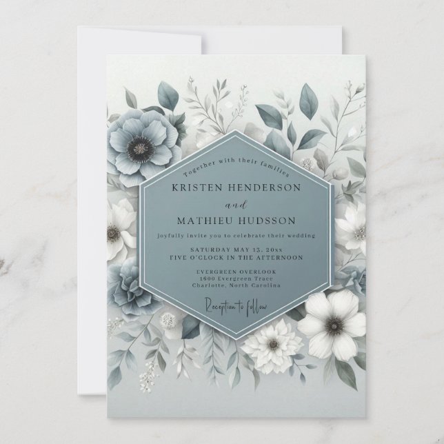 Slate Blue Ethereal Botanical Wedding Invitation (Front)