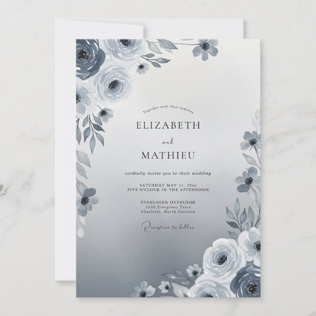 Slate Blue Ethereal Winter Wedding Invitation (Front)