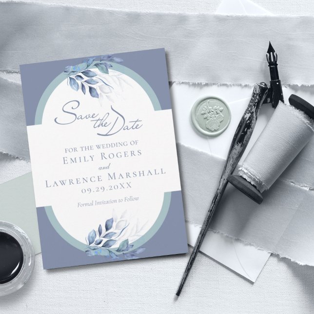 Slate Blue Eucalyptus Wedding Save the Date Card (Creator Uploaded)