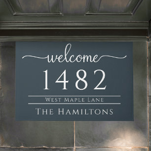 Slate blue family name personalised address  doormat