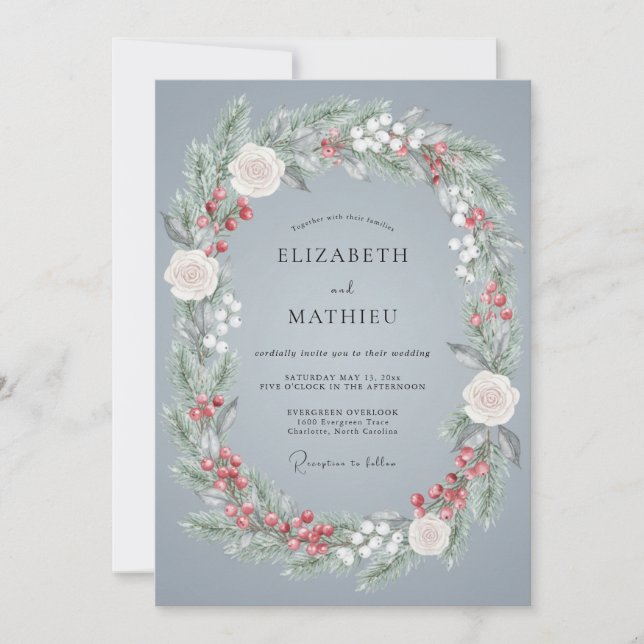 Slate Blue Festive Winter Wedding Invitation (Front)