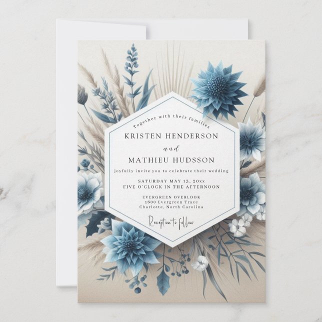 Slate Blue Floral Autumn Wedding Invitation (Front)