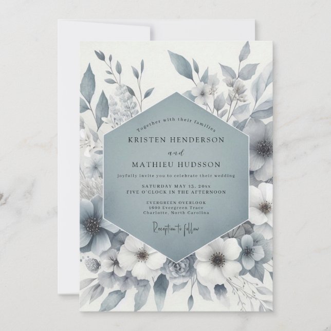 Slate Blue Floral Elegance Wedding Invitation (Front)