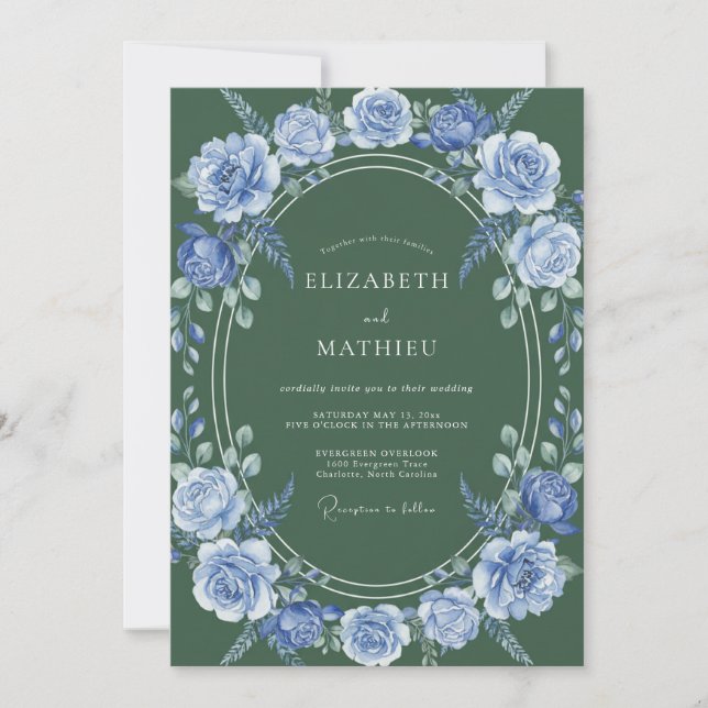 Slate Blue Floral Laurel Wedding Invitation (Front)