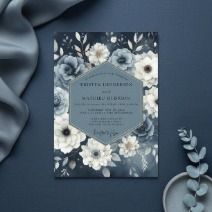 Slate Blue Floral Moody Wedding Invitation