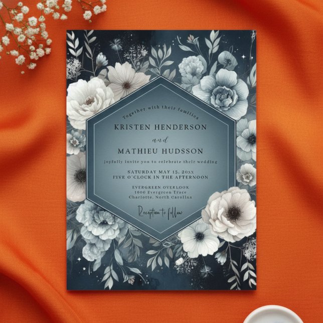 Slate Blue Floral Nightfall Wedding Invitation (Creator Uploaded)