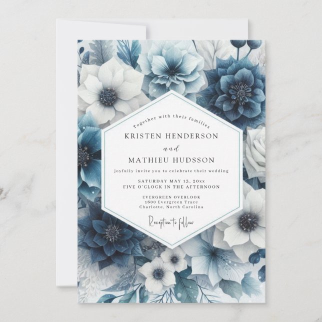 Slate Blue Floral Radiance Wedding Invitation (Front)